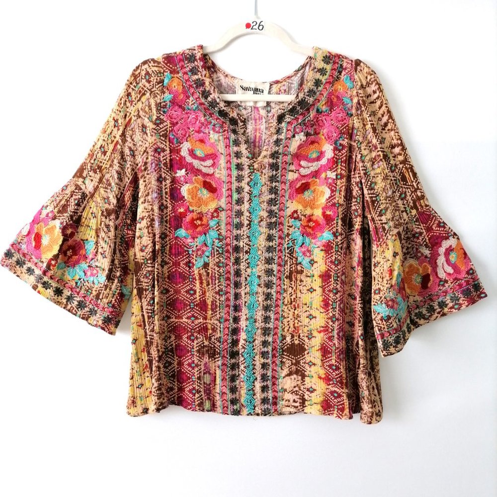 Savanna Jane Multicolor Embroidered Argyle Diamond Bell Sleeve Blouse Top Size S